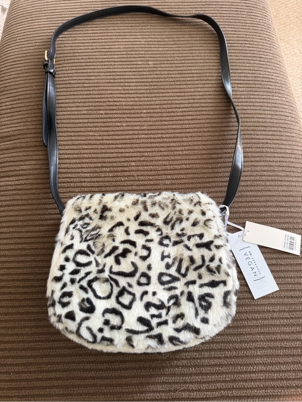 Vegan Faux Fur Leopard-Print Crossbody Bag with Black Strap